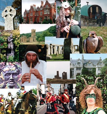 Montage of photos including green men, whistle player, stonehendge, celtic cross.